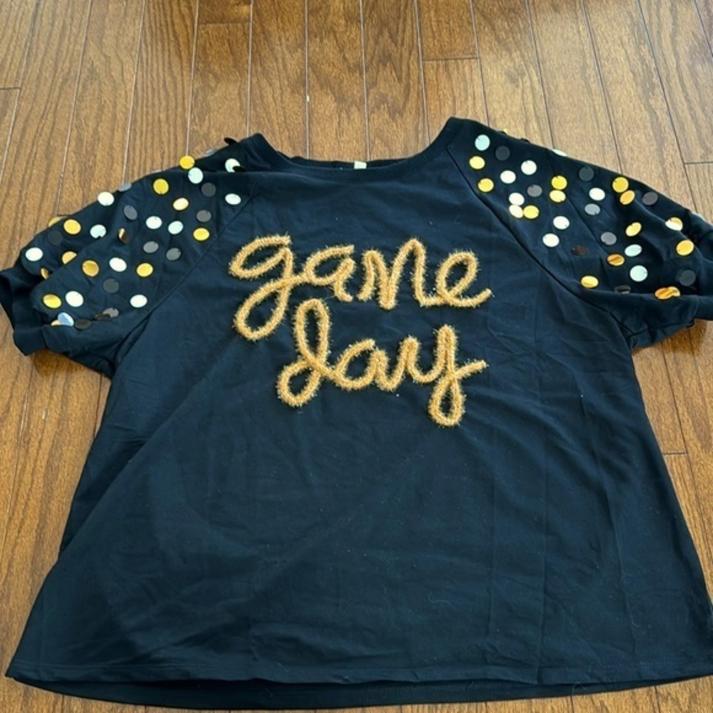 Black and gold game day tinsel shirt with sparkles